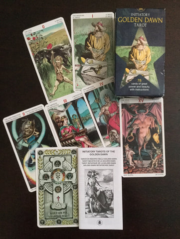 6Witch3 Initiatory Golden Dawn Tarot - deck, booklet, card back, and card array