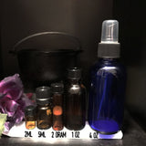6Witch3 Scent Oil Sara La Kali - Five empty bottles stand in size order from smallest to largest showing the difference in size from 2ml to 4oz.