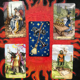 6Witch3 Everyday Witch Tarot deck - four drawn cards with a single card in the center flipped to show the back of the deck shown on a handpainted red and black sun background