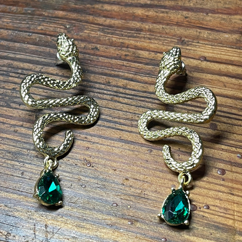 Golden Snake Dangle Green Drop Earrings