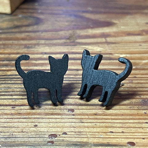 Black Cat Wooden Stud Earrings