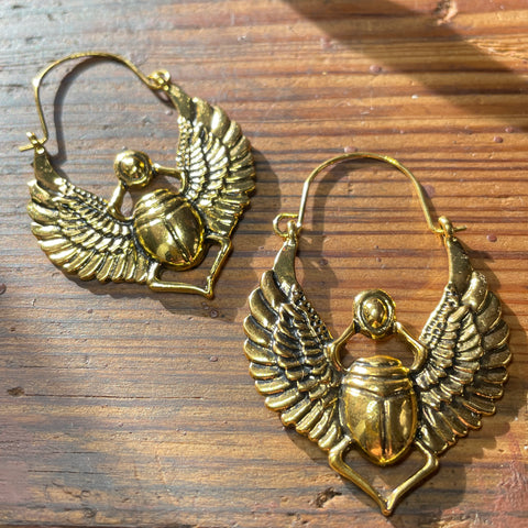 Golden Winged Scarab Hoop Earrings