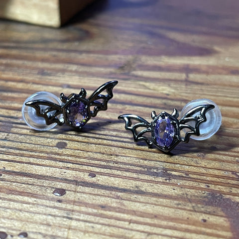 Purple CZ Bat Stud Earrings