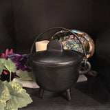 6Witch3 Large Cast Iron Cauldron With Lid - shown next to some leaves and an abalone shell