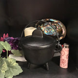 6Witch3 Large Cast Iron Cauldron With Lid - shown next to an abalone shell and some leaves and a lighter for scale