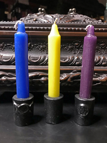 6Witch3 Cast Iron Chime Candle Holder, an array of three holders with chime candles in front of an ornate wooden box