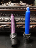 6Witch3 Cast Iron Chime Candle Holder, an array of two holders in the triple moon design with chime candles in front of an ornate wooden box