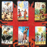 6Witch3 African American Tarot deck by Lo Scarabeo - six drawn cards shown on a handpainted red and black sun background