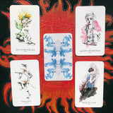 6Witch3 Linestrider Tarot - The four upturned cards and one facedown card shown on a black and red flame-patterned background
