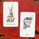 6Witch3 Linestrider Tarot - The Two of Wands and the Death cards shown on a black and red flame-patterned background