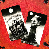 6Witch3 Murder of Crows Tarot deck by Corrado Roi - Four of Wands and the Knight of Swords shown on a handpainted red and black sun background