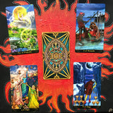 6Witch3 Tarot Illuminati deck  - four drawn cards with a centered fifth card flipped to show the back displayed on a handpainted red and black sun background