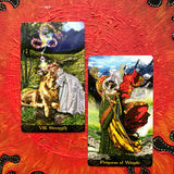 6Witch3 Tarot Illuminati deck  - Strength and the Princess of Wands shown on a handpainted red and black sun background