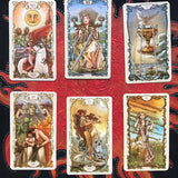 6Witch3 Tarot Mucha deck by Lo Scarabeo - six drawn cards displayed on a handpainted red and black sun background
