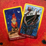 6Witch3 The Tarot of the Orishas tarot deck by Zolrak & Durkon - the Dwarves & Gnomes card and the 8 of Water card shown on a handpainted red and black sun background